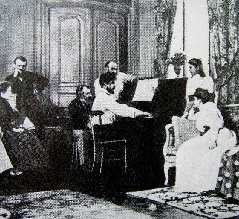Amura,Región del vino,Ruta del vino,Francia,Claude Debussy, Claude Debussy entertaining guests at the piano, 1893.