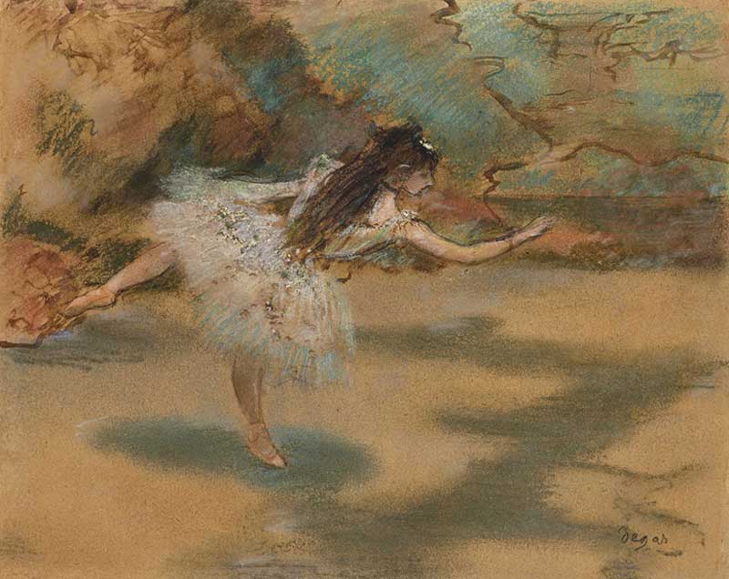 Amura,AmuraWorld,AmuraYachts, Danseuse sur une pointe (c. 1877). Pastel, pluma, pincel y tinta sepia sobre lápiz en papel fijado sobre cartulina. 17 x 21 cm.