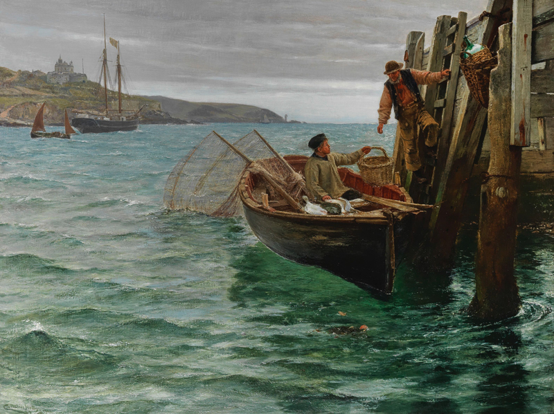 Amura,AmuraWorld,AmuraYachts, Charles Napier Hemy (Gran Bretaña, 1841-1917). <em>Descargando la pesca en los muelles de Falmouth con el castillo de St Mawes en la distancia</em>.