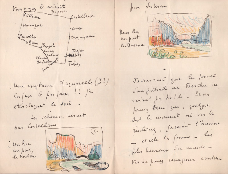 Amura,AmuraWorld,AmuraYachts, Carta de Paul Signac a Henri Edmond Cross, fechada posteriormente el 8 de noviembre de 1902, que incluye una ilustración de los dibujos preparatorios de Castellane (a la izquierda) y Sisteron (derecha).