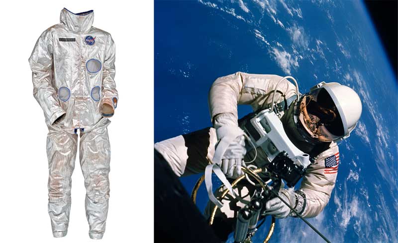 Amura,AmuraWorld,AmuraYachts, Izquierda: David Clark & Co, traje espacial Project Gemini, enero de 1964. Nailon aluminizado; derecha: El astronauta Edward White flota fuera de la nave espacial Gemini IV, 1965.