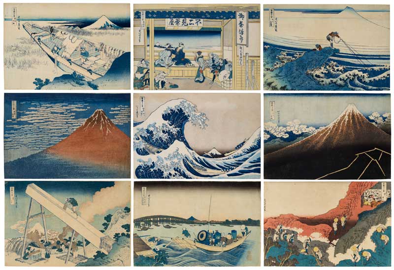 Amura,AmuraWorld,AmuraYachts, Katsushika Hokusai (1760-1849), <em><i>Fugaku sanjurokkei (Treinta y seis vistas del monte Fuji)</i></em>. Un juego completo de cuarenta y seis grabados, cada uno firmado por <em><i>Saki no Hokusai Iitsu hitsu, Hokusai Iitsu hitsu</i></em> o <em><i>Hokusai aratame Iitsu hitsu</i></em>, publicado por Nishimuraya Yohachi (Eijudo), c.1830-4.