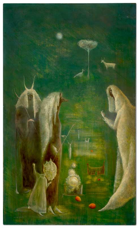 Amura,AmuraWorld,AmuraYachts, Leonora Carrington. <em><i>Faet Fiada (La aparición de una bestia salvaje),</i></em> 1951. Óleo sobre tabla.