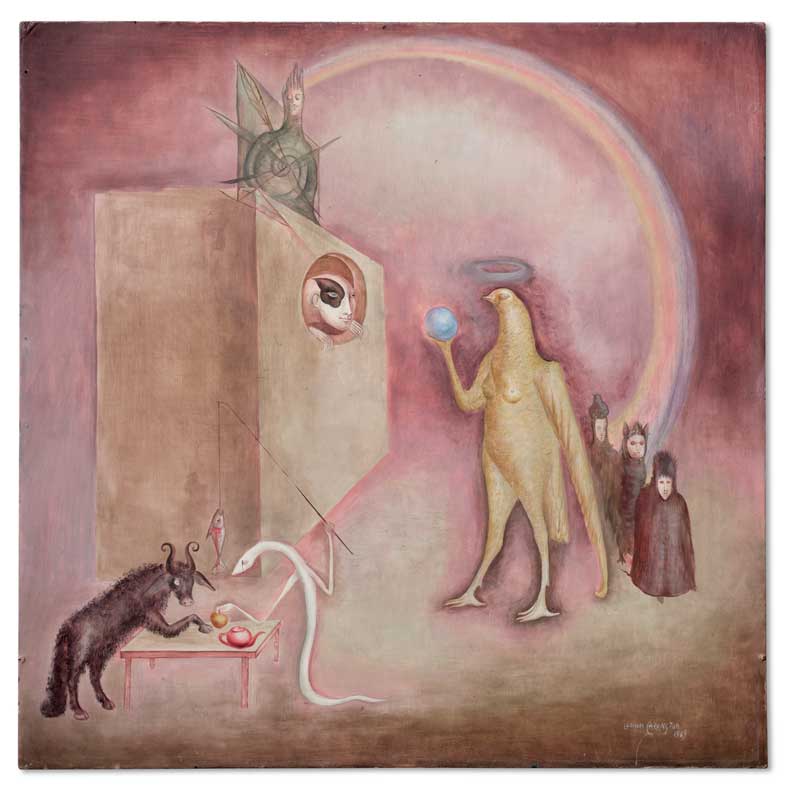 Amura,AmuraWorld,AmuraYachts, Leonora Carrington. <em><i>Pájaro se apodera de una joya,</i></em> 1969. Óleo sobre masonita.