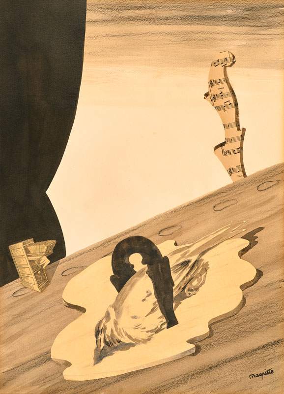 Amura,AmuraWorld,AmuraYachts, René Magritte, <em><i>Sin título (L'oiseau mort)</i></em>, c. 1926-27. Acuarela, pincel y tinta china, crayón, lápiz y papel y collage de partituras sobre papel. 63.8 x 48.8 cm.