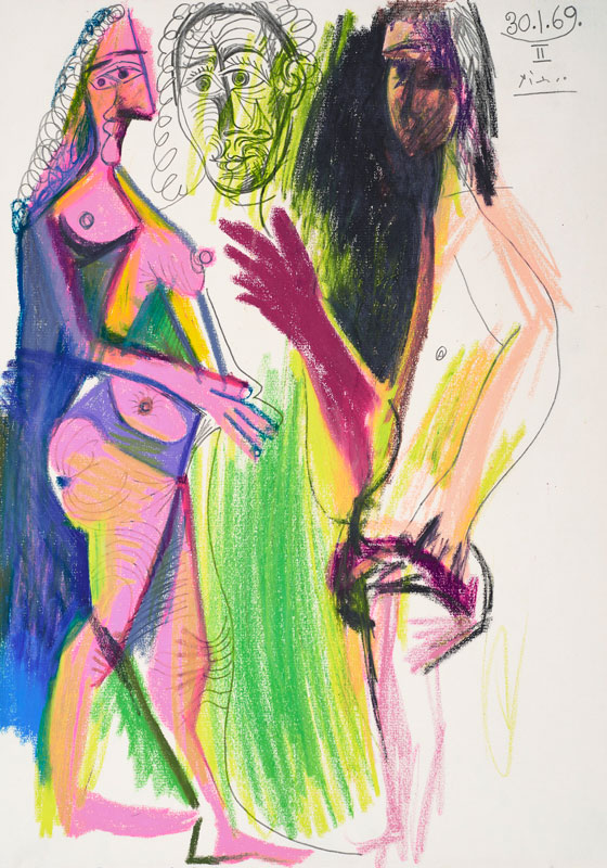 Amura,AmuraWorld,AmuraYachts, Pablo Picasso (1881-1973), <em><i>Trois personnages debout</i></em>, 1969. Óleo, crayones de cera de colores y lápiz sobre papel.