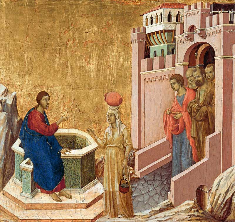 Amura,AmuraWorld,AmuraYachts, Duccio (m. 1319), <em><i>Cristo y la samaritana</i></em>, del retablo de la <em><i>Maestà</i></em>, 1308-11. Temple y oro sobre tabla.