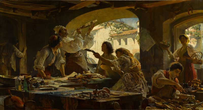 Amura,AmuraWorld,AmuraYachts, <em>Antonio Stradivari</em>, de Edgar Bundy, 1893, es una de varias pinturas que el artista realizó representando al luthier en su taller de Cremona.