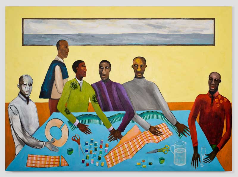 Amura,AmuraWorld,AmuraYachts, Lubaina Himid (n. 1954), <em><i>Six Tailors (Seis sastres)</i></em>, 2019. Acrílico sobre lienzo. Fotografía: Gavin Renshaw.