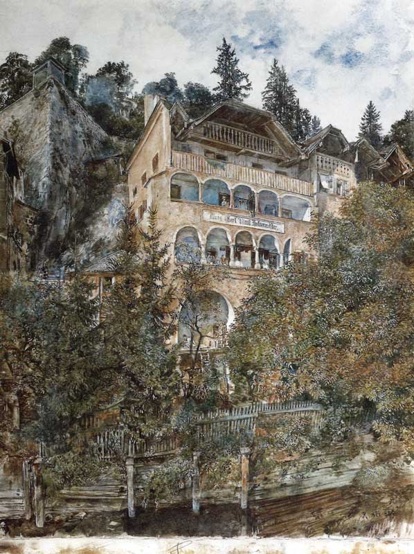 Amura,AmuraWorld,AmuraYachts, Portada del catálogo de venta presentaba un paisaje austriaco de finales del siglo XIX, <em><i>la Casa de Lois Gerl, Salzburgo</i></em> (1889) de Rudolf von Alt.