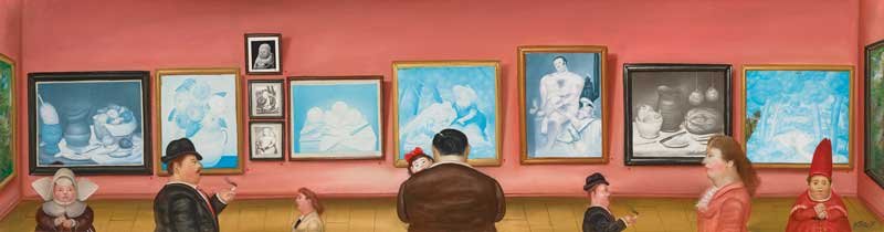 Amura,AmuraWorld,AmuraYachts, Fernando Botero, <em><i>The Botero Exhibition</i></em>, 1975. Óleo y collage fotográfico sobre lienzo. 52.4 x 195.8 cm.