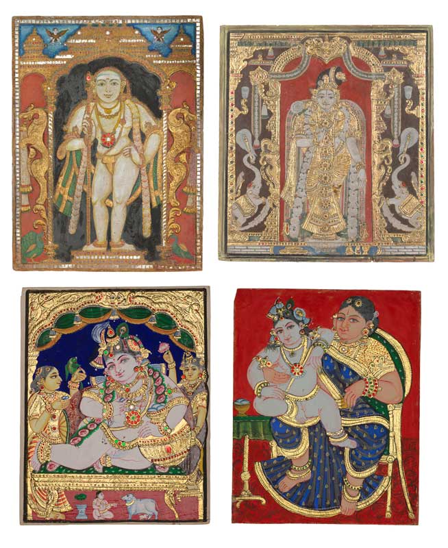 Amura,AmuraWorld,AmuraYachts, Grupo de cuatro pinturas, Sur de la India, Tanjore, siglo XIX. Cada una: 37.1 x 33 cm.