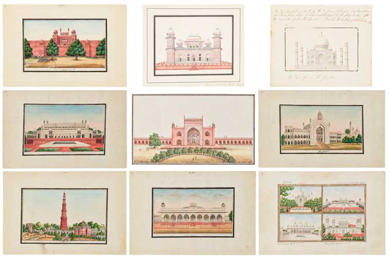 Amura,AmuraWorld,AmuraYachts, Conjunto de nueve pinturas de monumentos arquitectónicos, India, Escuela de la Compañía, finales del siglo XVIII y principios del XIX. Diversos tamaños. Imagen mayor: 20.3 x 35.6 cm. Imagen menor: 7.6 x 12.4 cm.