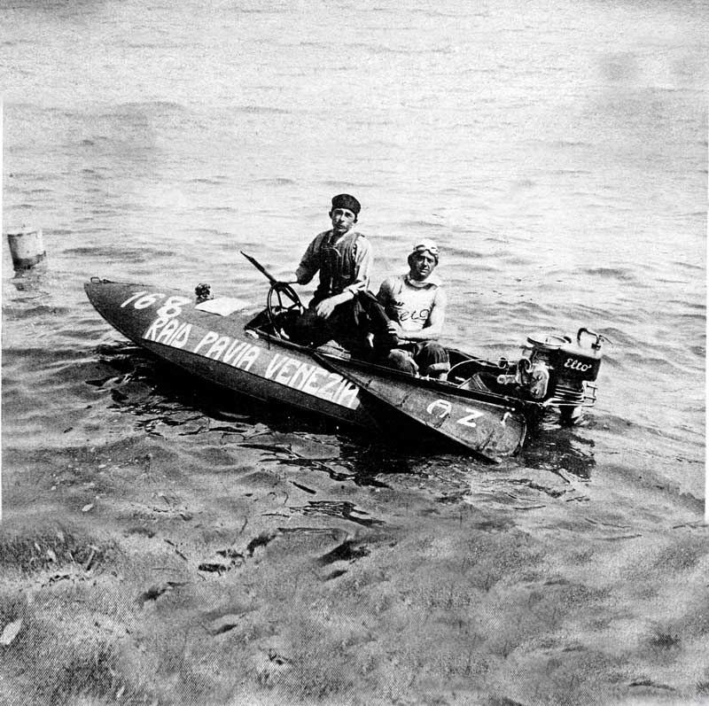 Amura,AmuraWorld,AmuraYachts, Serafino Riva y Giuseppe Guerini establecieron una marca de velocidad en la categoría de motores fueraborda del International Powerboat Raid Pavia-Venezia 1931.