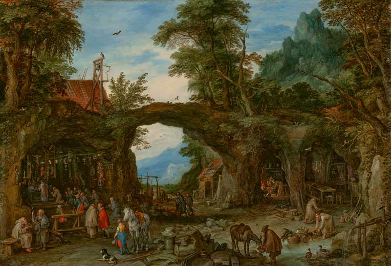 Amura,AmuraWorld,AmuraYachts, Jan Brueghel <em>el Viejo</em> (1568-1625), <em><i>Paisaje boscoso y montañoso con ermitaños y una misa oficiando en un santuario</i></em>, 1619. Óleo sobre cobre. 40.3 x 59.5 cm.