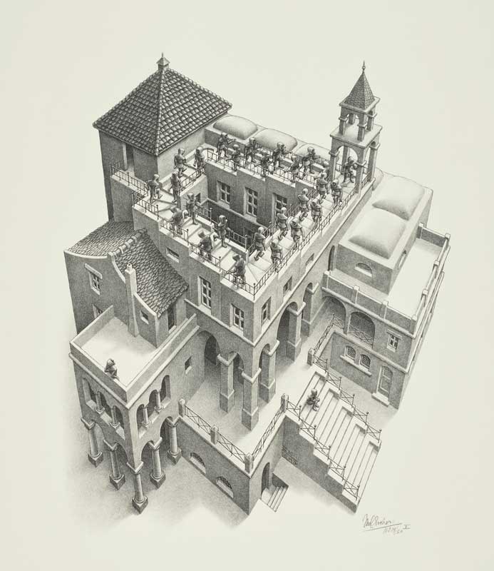 Amura,AmuraWorld,AmuraYachts, MC Escher, <em><i>Ascendiendo y descendiendo</i></em>, 1960. Litografía sobre papel avitelado, imagen: 356 x 286 mm, hoja: 479 x 403 mm.