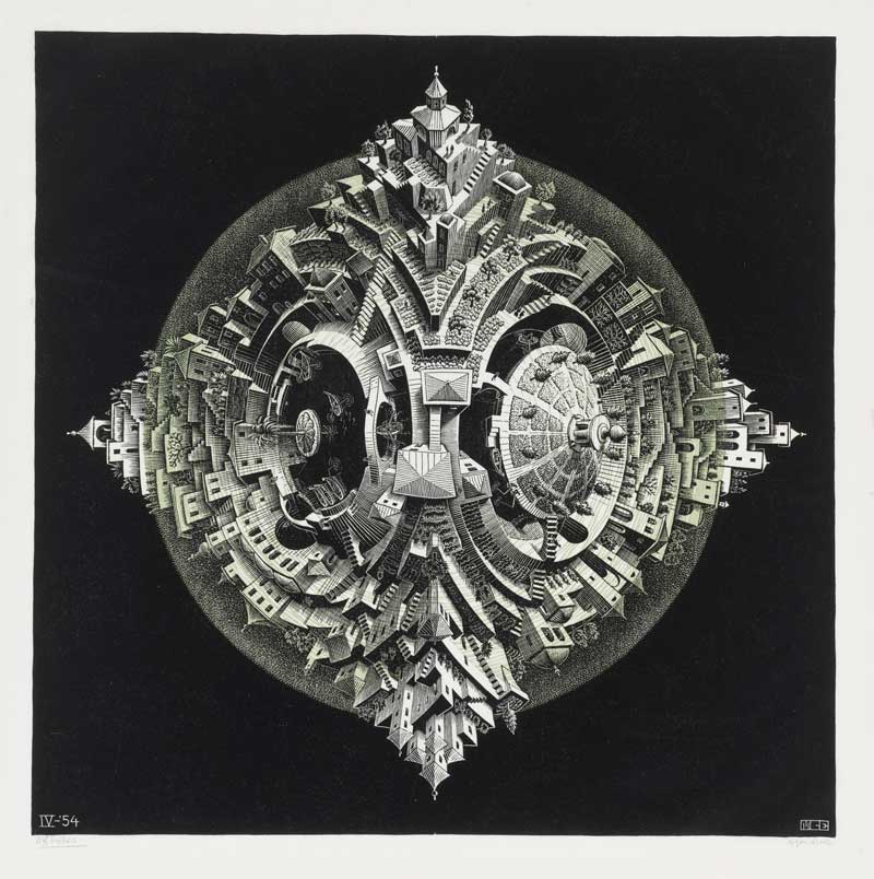Amura,AmuraWorld,AmuraYachts, MC Escher, <em><i>Planetoide Tetraédrico,</i></em> 1954. Xilografía en verde y negro sobre papel Japón verjurado fino, imagen: 430 x 430 mm, hoja: 508 x 505 mm.