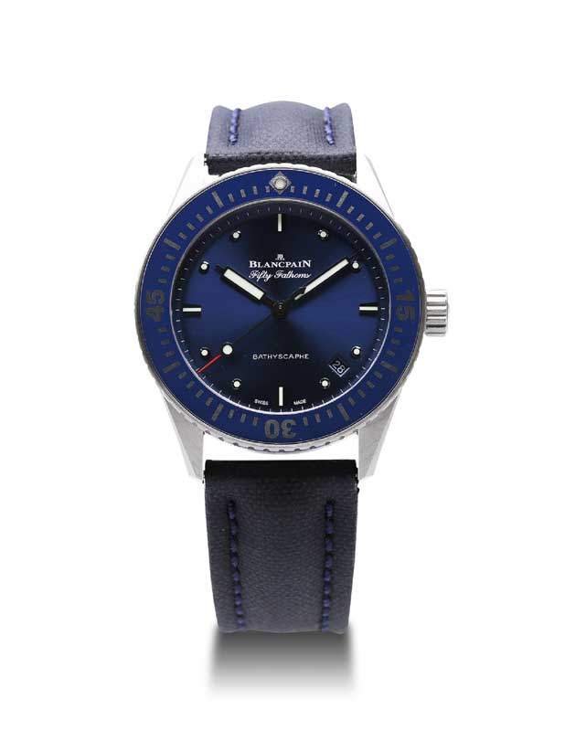 Amura,AmuraWorld,AmuraYachts, Blancpain. Fifty Fathoms Bathyscaphe, reloj de pulsera de acero inoxidable con fechador, circa 2020.