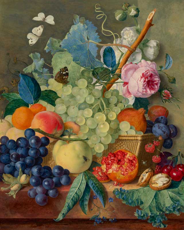 Amura,AmuraWorld,AmuraYachts, Jan van Huysum. <em><i>Frutas, rosas y peonías en una cesta con avellanas sobre una repisa de mármol</i></em>, 1744-45. Óleo sobre tabla. 52.7 x 42.6 cm.