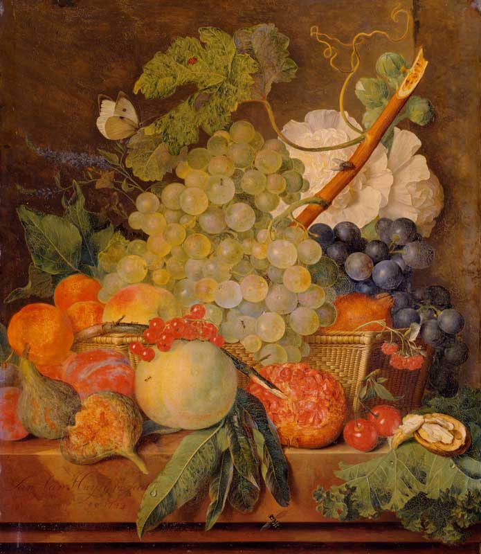 Amura,AmuraWorld,AmuraYachts, Jan van Huysum. <em><i>Rosas blancas con uvas y otras frutas en una cesta de mimbre sobre una repisa de piedra</i></em>, 1743. Óleo sobre cobre. Museo Staatliches Schwerin, Alemania. Foto: Scala, Florencia / bpk, Bildagentur für Kunst, Kultur und Geschichte, Berlín
