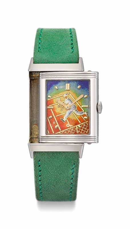 Amura,AmuraWorld,AmuraYachts, Reloj de pulsera reversible Staybrite de acero inoxidable con esfera de esmalte cloisonné, fabricado para Roland Garros de 1952. Vendido por 52,500 francos suizos en 2018, en Christie's, Ginebra. 