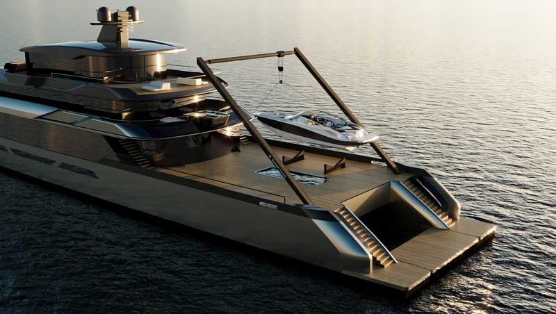 Amura,AmuraWorld,AmuraYachts, La grúa en A permite llevar una embarcación auxiliar.