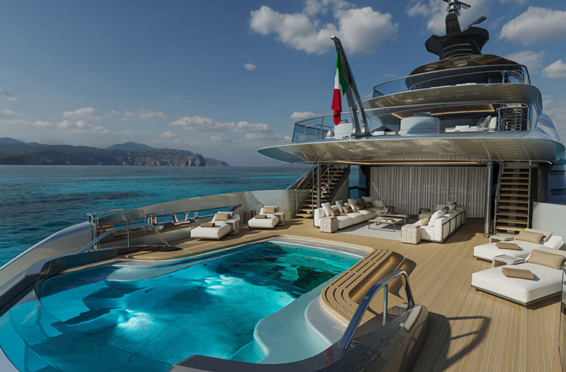 Amura,AmuraWorld,AmuraYachts, La piscina infinita domina la popa de la cubierta principal.