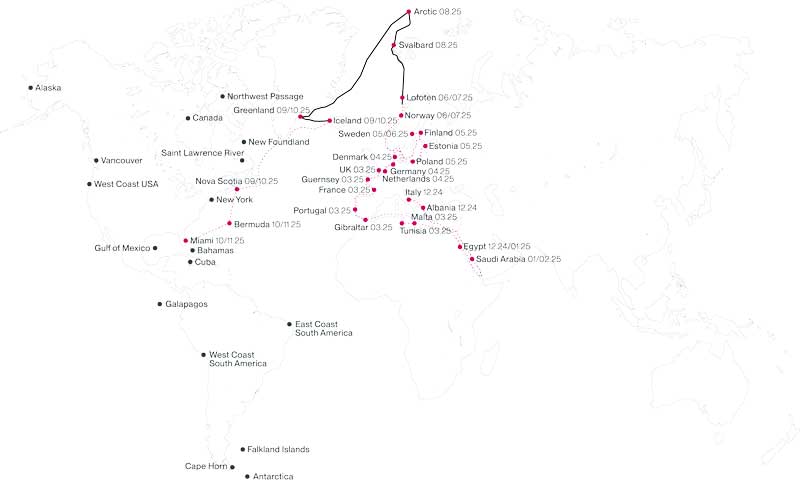 Amura,AmuraWorld,AmuraYachts, Ruta seguida por el explorador <em>Maverick</em>: zarpó de puerto noruego de Lofoten, Svalbard (Noruega), Ártico, Groenlandia e Islandia.