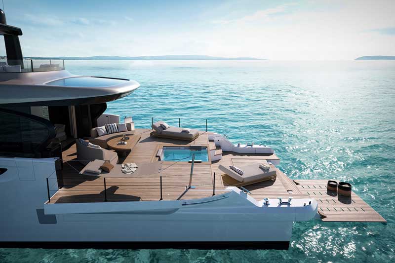 Amura,AmuraWorld,AmuraYachts, La Isla de la Diversión: tres niveles de terrazas escalonadas, una piscina y una plataforma que desciende para llegar al agua.