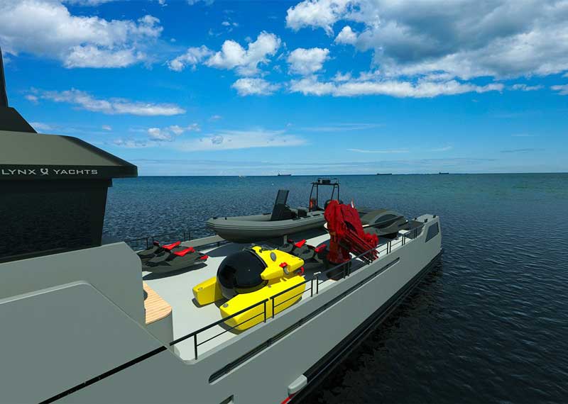 Amura,AmuraWorld,AmuraYachts, A bordo, el YXT 34 llevará un submarino, una embarcación auxiliar y motos acuáticas.