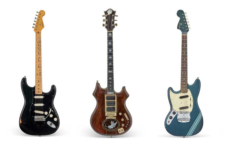 Amura,AmuraWorld,AmuraYachts, Izquierda: David Gilmour: Fender Stratocaster, conocida como 'The Black Strat', 1969 y 1983; Centro: Jerry Garcia: 'Tiger' Doug Irwin, San Francisco, California, 1979; derecha: Kurt Cobain: 'Smells Like Teen Spirit' Fender Mustang, 1969.
