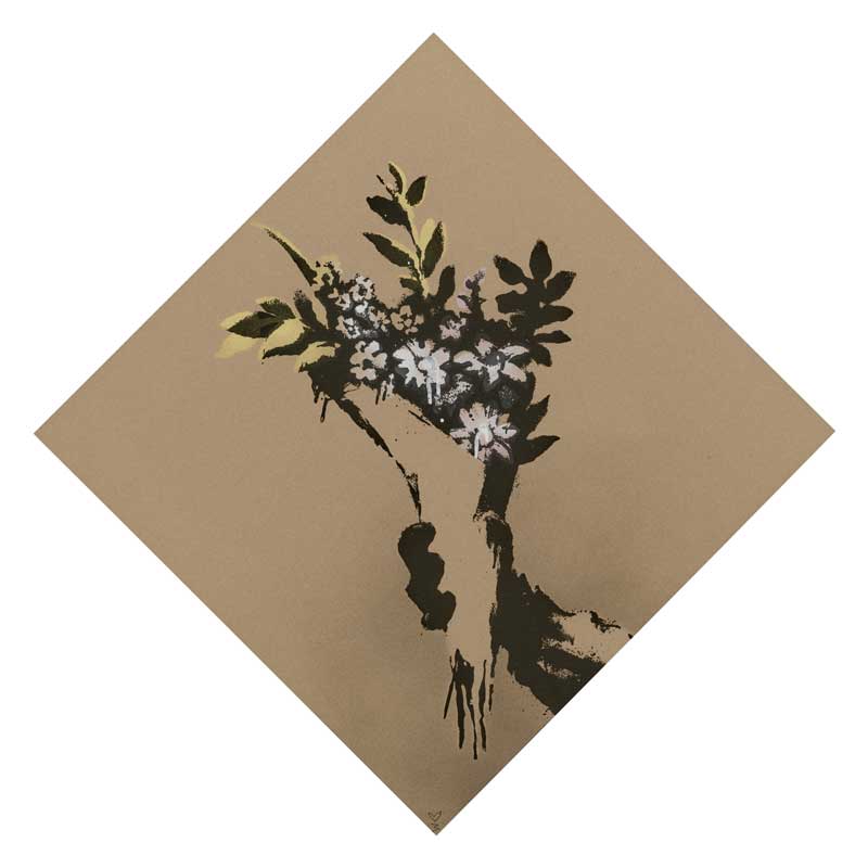 Amura,AmuraWorld,AmuraYachts, Banksy, <em><i>Ramo de flores</i></em>. Serigrafía con extensos acabados a mano en pintura en aerosol, 2021, sobre tabla. Imagen: 874×874 mm. Hoja: 618×618 mm.