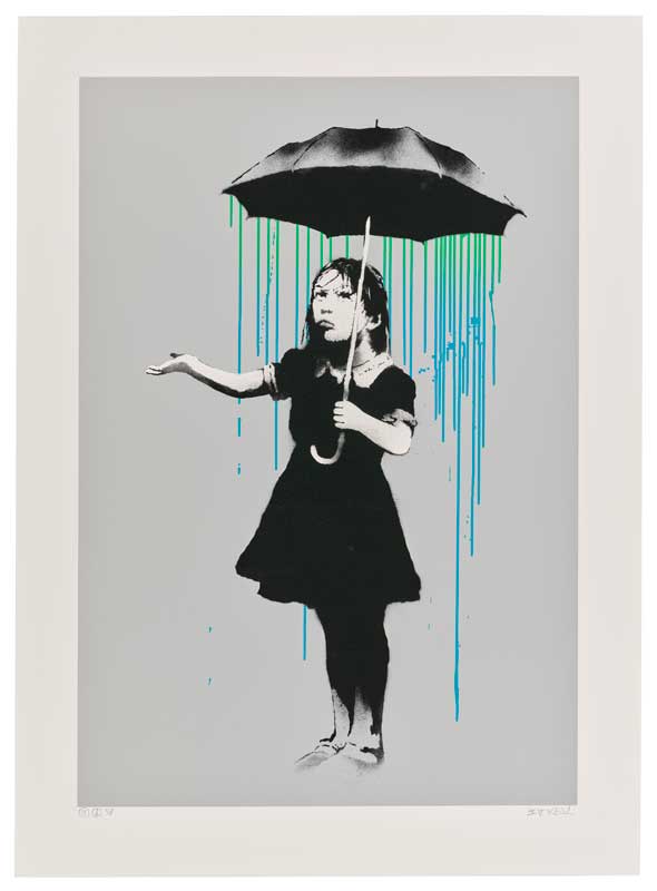 Amura,AmuraWorld,AmuraYachts, Banksy, <em><i>Nola (Lluvia verde a azul</i></em>). Serigrafía a color, 2008, sobre papel Arches tejido. Imagen: 640×440 mm. Hoja: 755×550 mm.