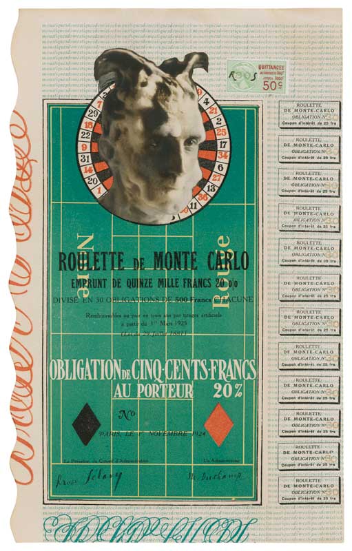 Amura,AmuraWorld,AmuraYachts, Marcel Duchamp (1887-1968), <em><i>Bono de Montecarlo (nº 30)</i></em>, 1924. Readymade rectificado imitado: tinta, collage de impresión en gelatina de plata y sello fiscal sobre papel impreso. 31.1×19.4 cm.