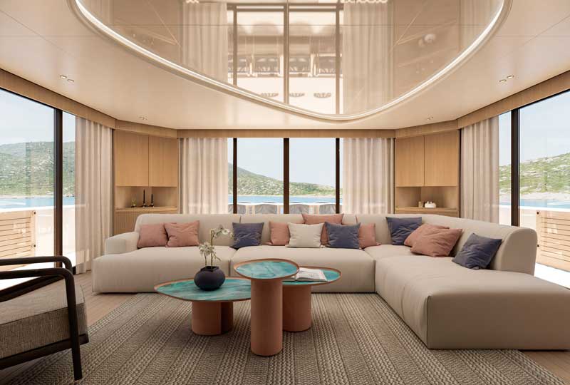 Amura,AmuraWorld,AmuraYachts, Los tonos pastel dominan los interiores del Seamore 34 de Antonini Navi.