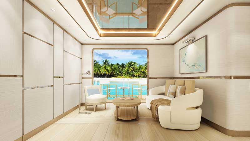 Amura,AmuraWorld,AmuraYachts, El balcón lateral de <em><i>Project Vigue</i></em> exhibe los detalles de los interiores.