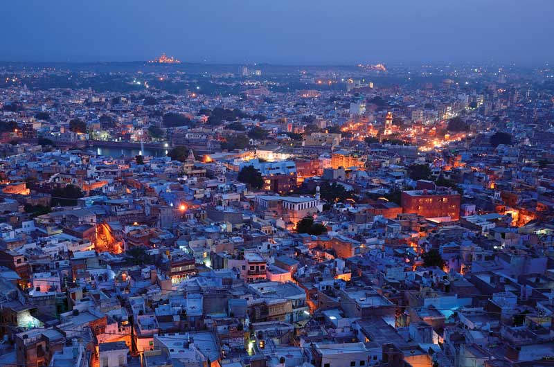 
Jodhpur architecture blends with the blue sky and sunset.