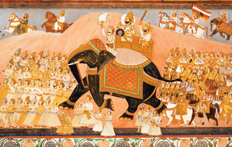 The paintings and details of each palace in Rajasthan extend the style and colors bow of each city.
