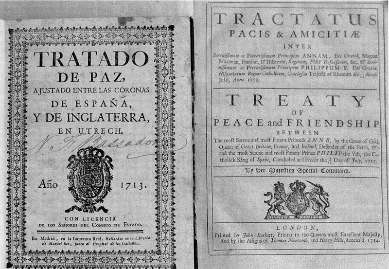 Facsímil y fragmento del contenido del tratado de Utrecht. 
