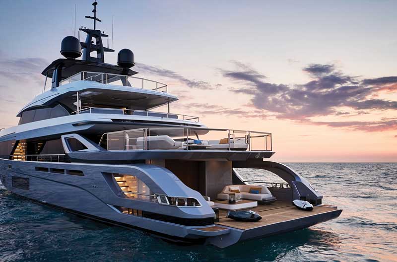 Amura,AmuraWorld,AmuraYachts,Azimut Grande Trideck, The boat is made of carbon fiber. The exterior styling is by Alberto Mancini, and the hull design by Ausonio Naval Architecture and Azimut Yachts.