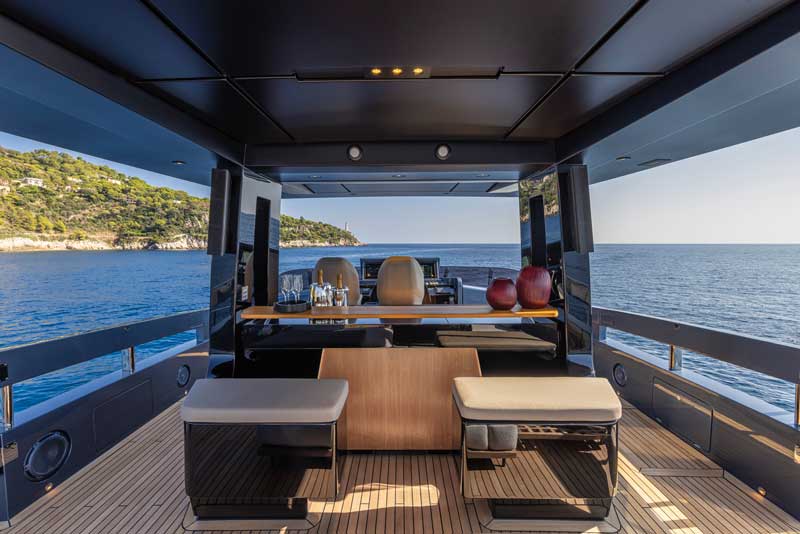 Amura,Amura World,Amura Yachts,Brunei, The Sportbridge is a deck partially covered by a hardtop. It has the outside helm station, with three sport seats.