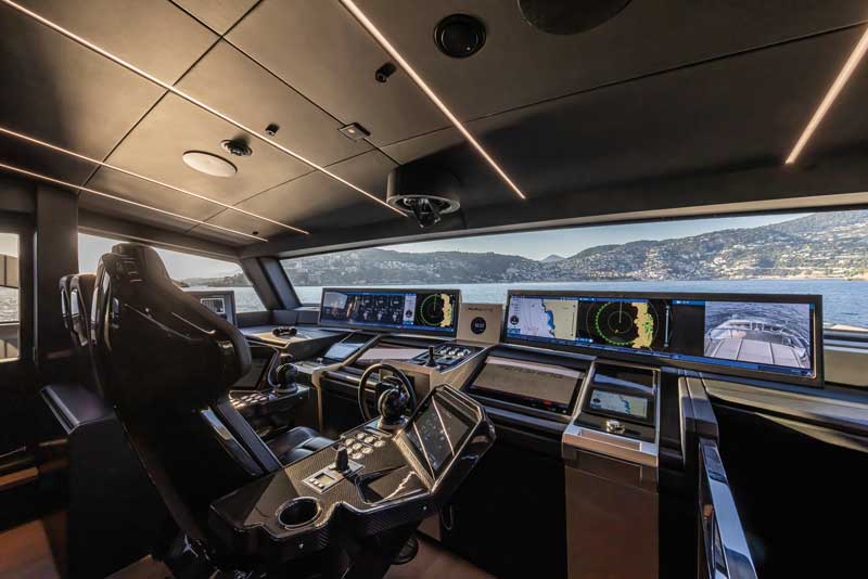 Amura,Amura World,Amura Yachts,Brunei, The helm station features a futuristic console upholstered in black leather.